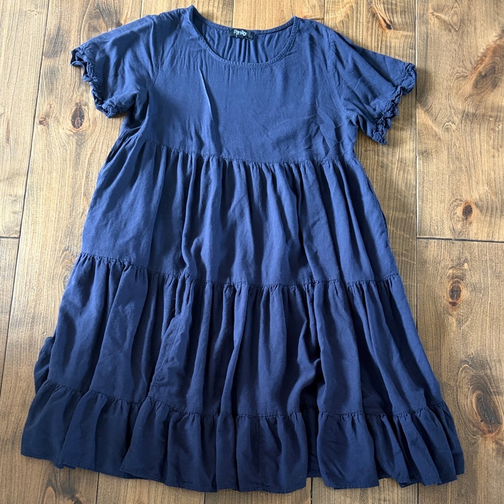Petite Tiered Short-Sleeve Casual Dress - Navy